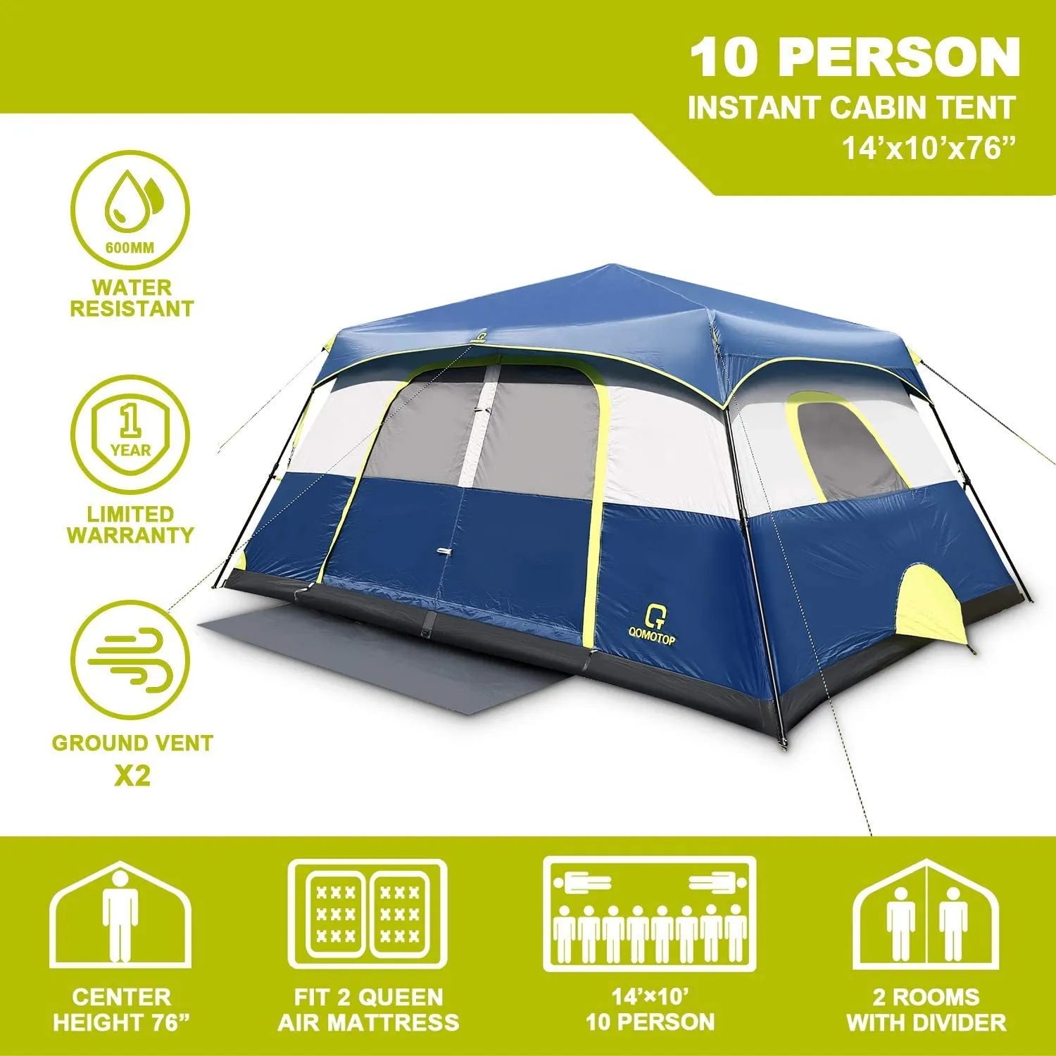 10-Person Instant Tent Equipped with Rainfly and and Power Cord Access Port - Set-Up In Under 60 Seconds!