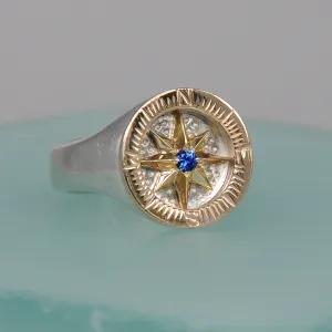 Compass Rose Classic Sterling Silver and 14K Yellow Gold Ring