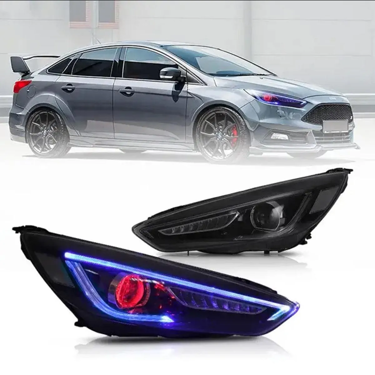 LED Headlight Assembly Dual Beam Projector Black For 2015-2018 Ford Focus 3th Gen Mark III Facelift