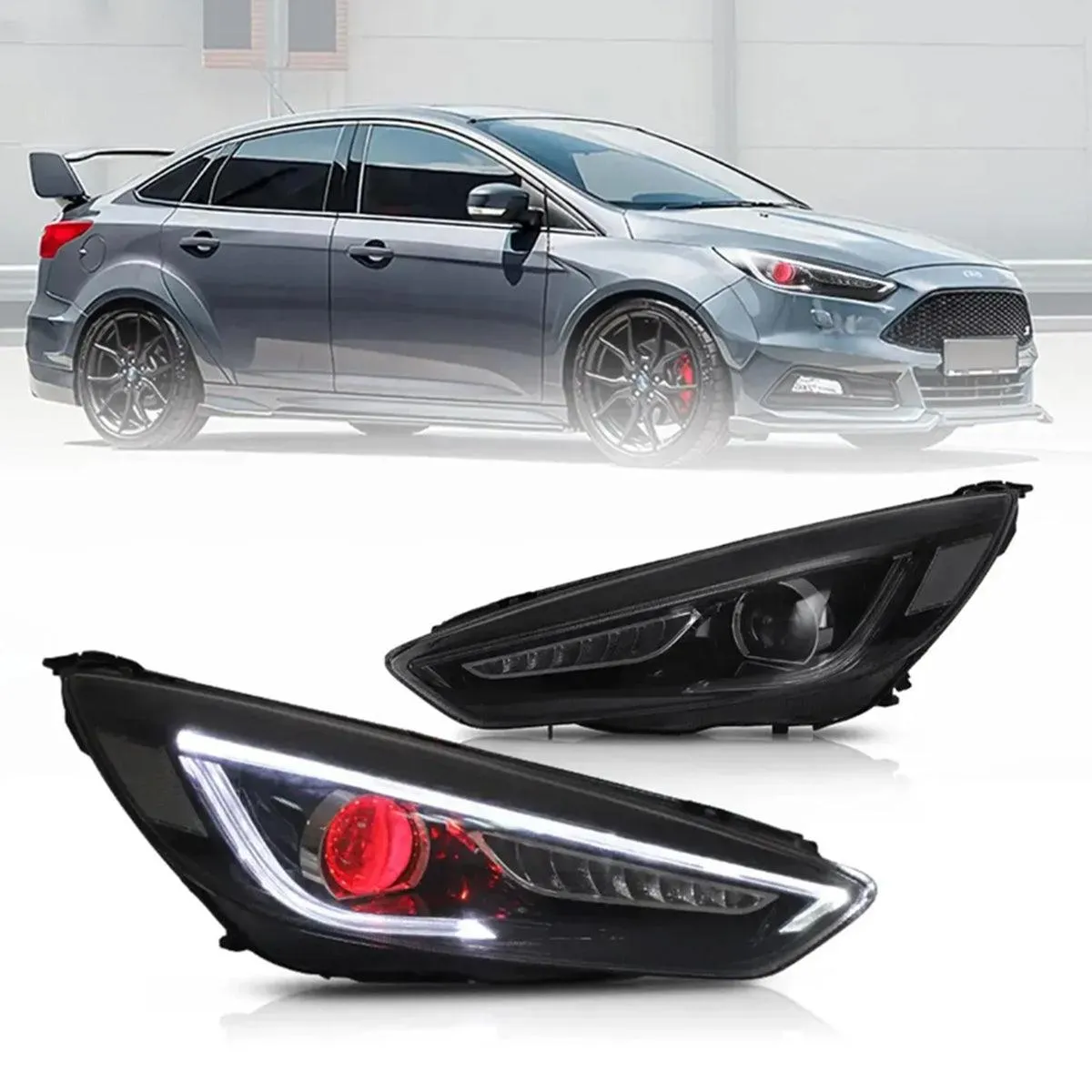 LED Headlight Assembly Dual Beam Projector Black For 2015-2018 Ford Focus 3th Gen Mark III Facelift