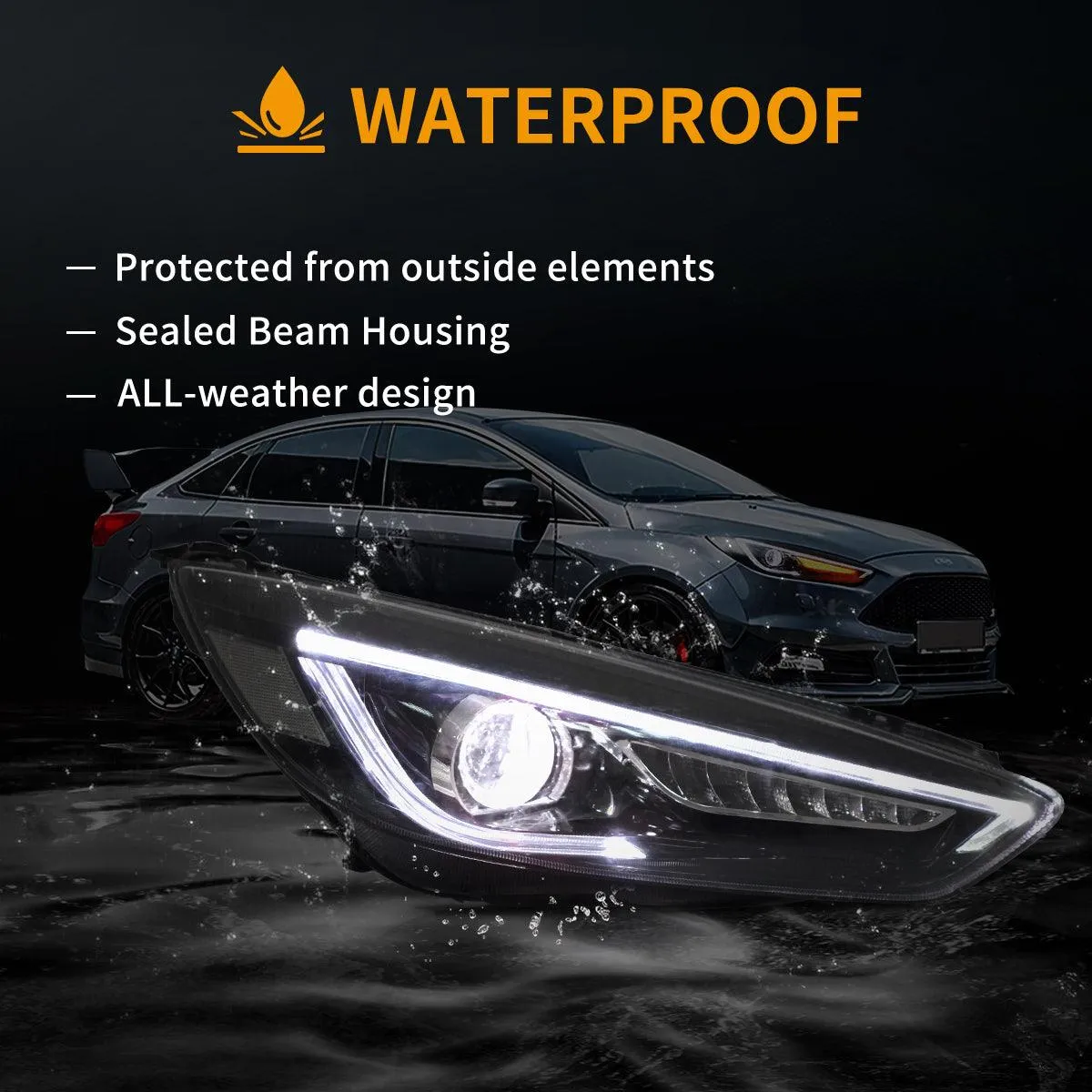 LED Headlight Assembly Dual Beam Projector Black For 2015-2018 Ford Focus 3th Gen Mark III Facelift