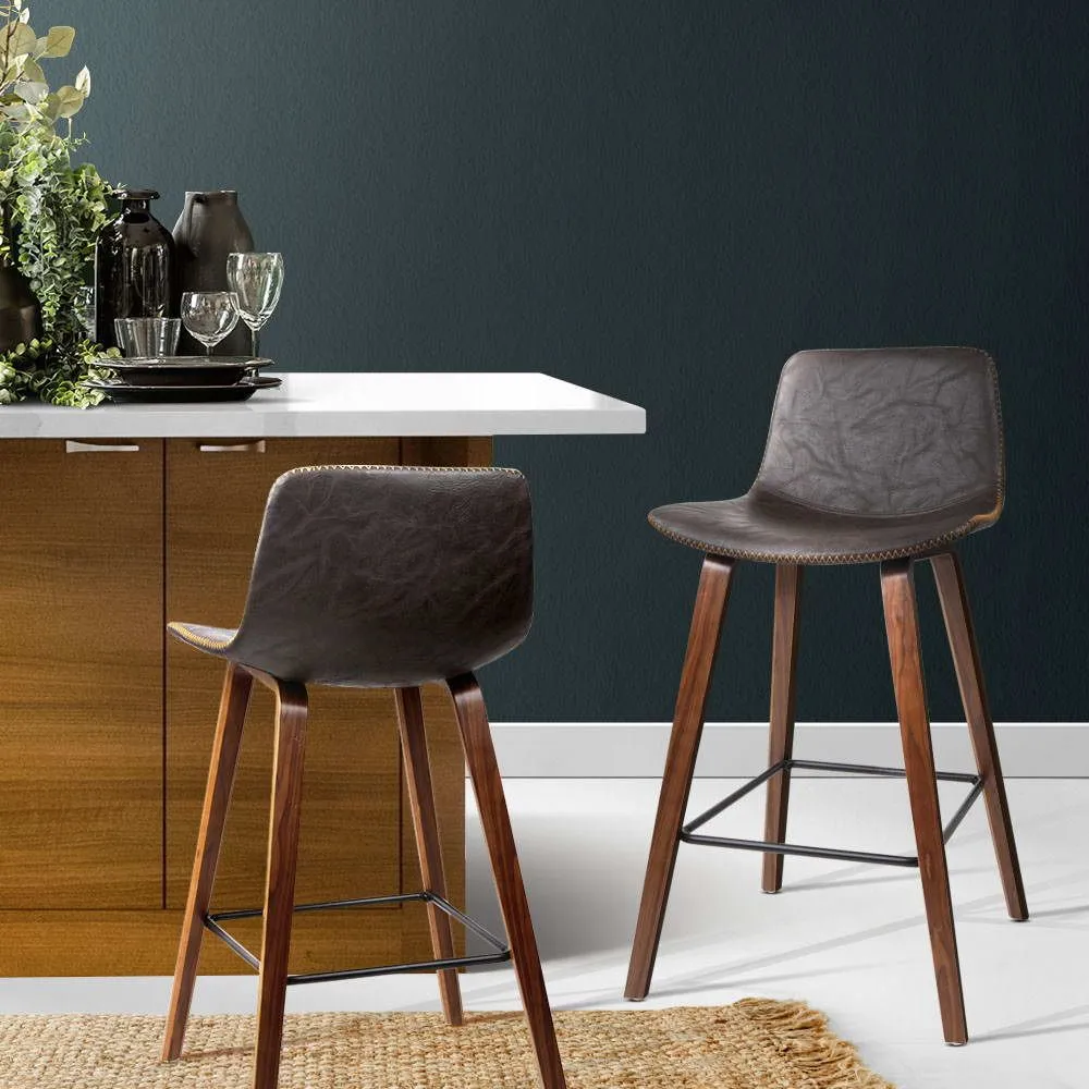 Two Bar Stools Kitchen Counter Barstools Leather Wooden Chairs