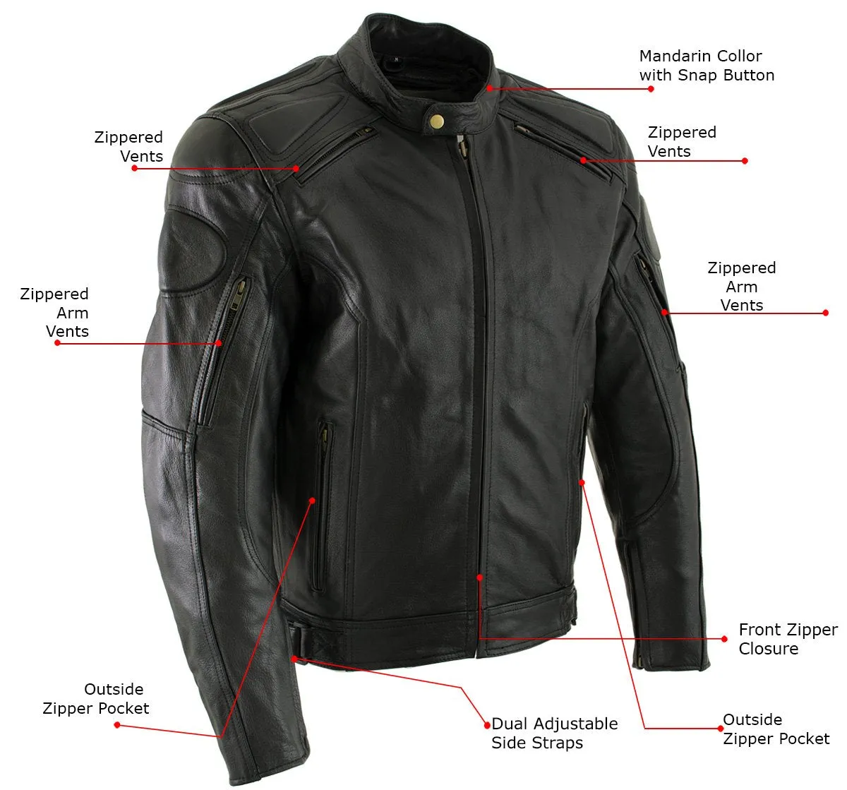 Xelement B7366 Men's 'Executioner' Black Leather Racer Jacket with X-Armor Protection